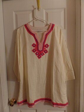 Isaac Mizrahi Live! XL 18 20 16 Moroccan Inspo Linen Tunic w/Soutache Trim Pink